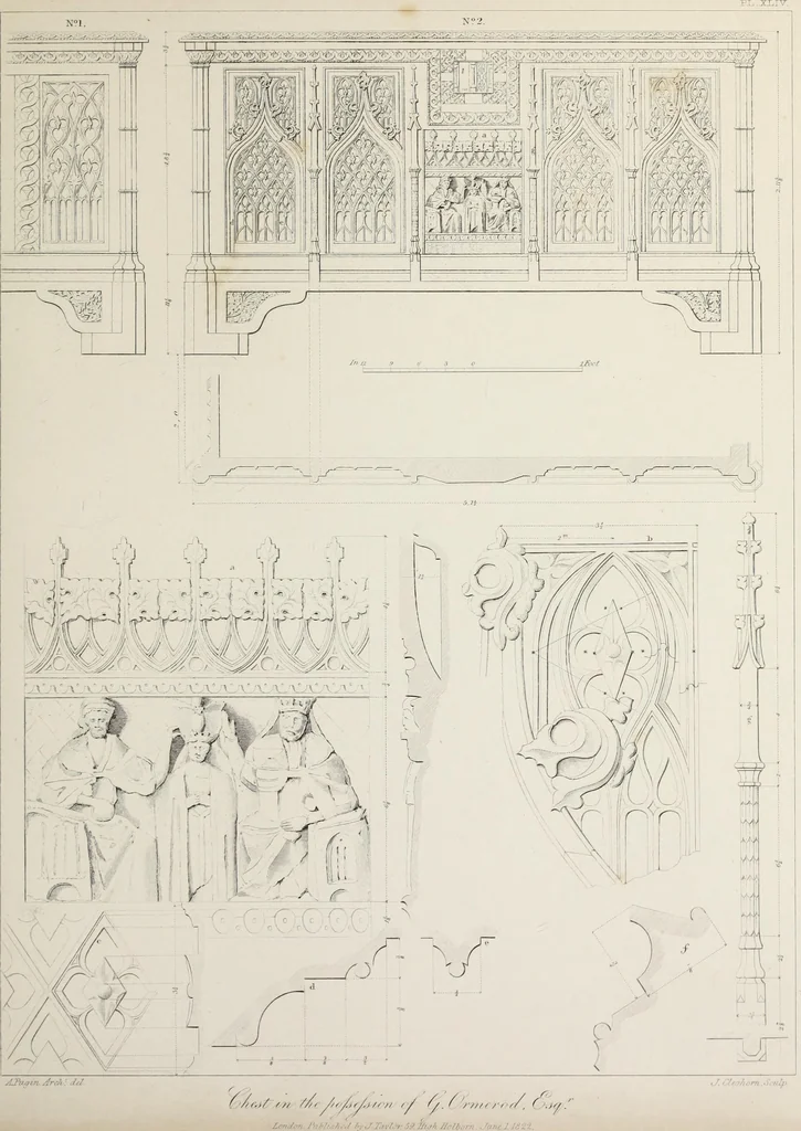 An illustration from Specimens of Gothic architecture : selected from various ancient edifices in England : consisting of plans, elevations, sections, and parts at large, calculated to exemplify the various styles, and the practical construction of this admired class of architecture, 1825, leaf 232