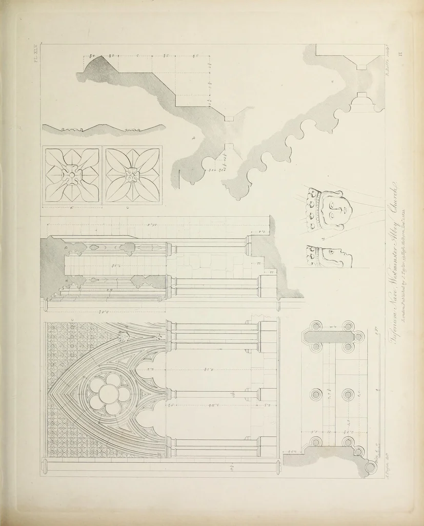 An illustration from Specimens of Gothic architecture : selected from various ancient edifices in England : consisting of plans, elevations, sections, and parts at large, calculated to exemplify the various styles, and the practical construction of this admired class of architecture, 1825, leaf 236