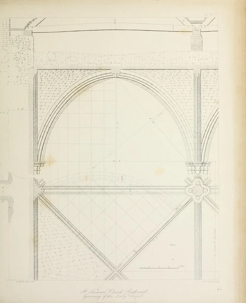 An illustration from Specimens of Gothic architecture : selected from various ancient edifices in England : consisting of plans, elevations, sections, and parts at large, calculated to exemplify the various styles, and the practical construction of this admired class of architecture, 1825, leaf 244