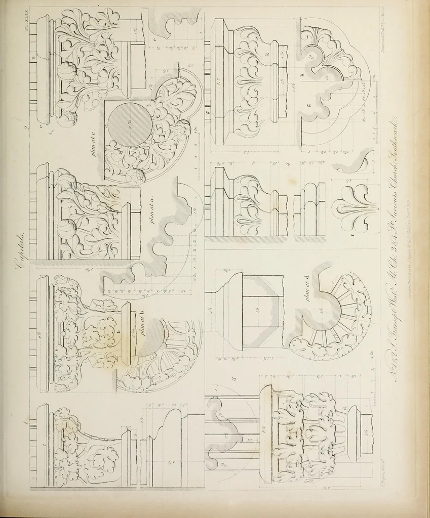 An illustration from Specimens of Gothic architecture : selected from various ancient edifices in England : consisting of plans, elevations, sections, and parts at large, calculated to exemplify the various styles, and the practical construction of this admired class of architecture, 1825, leaf 252