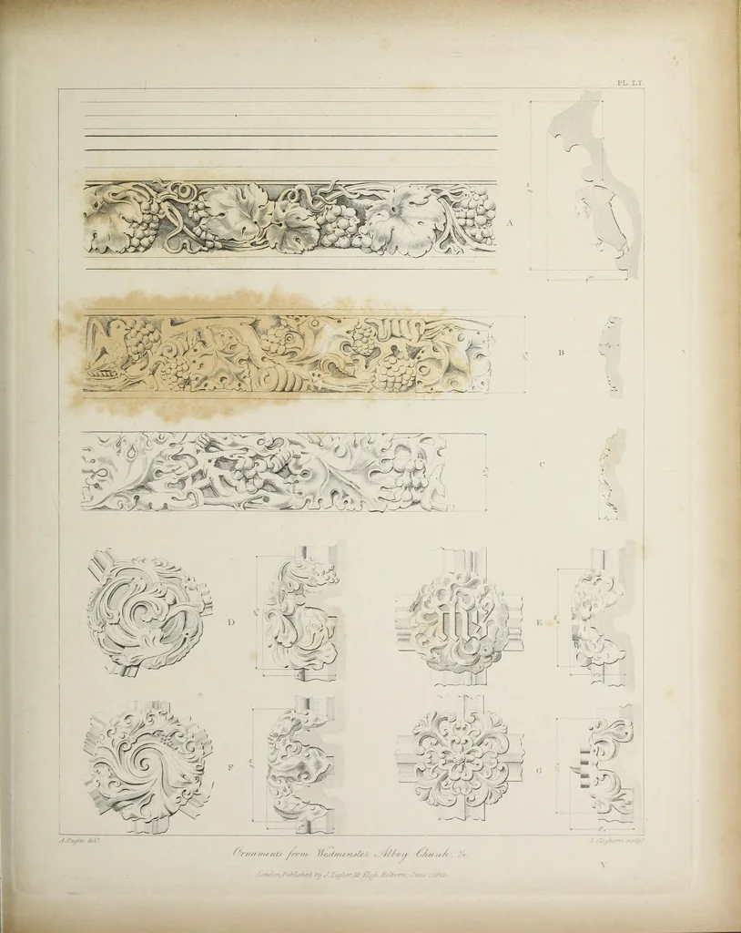An illustration from Specimens of Gothic architecture : selected from various ancient edifices in England : consisting of plans, elevations, sections, and parts at large, calculated to exemplify the various styles, and the practical construction of this admired class of architecture, 1825, leaf 260
