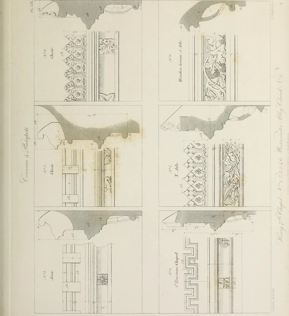 An illustration from Specimens of Gothic architecture : selected from various ancient edifices in England : consisting of plans, elevations, sections, and parts at large, calculated to exemplify the various styles, and the practical construction of this admired class of architecture, 1825, leaf 264