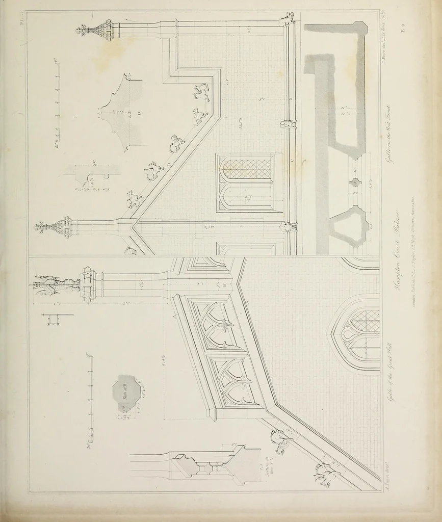 An illustration from Specimens of Gothic architecture : selected from various ancient edifices in England : consisting of plans, elevations, sections, and parts at large, calculated to exemplify the various styles, and the practical construction of this admired class of architecture, 1825, leaf 68