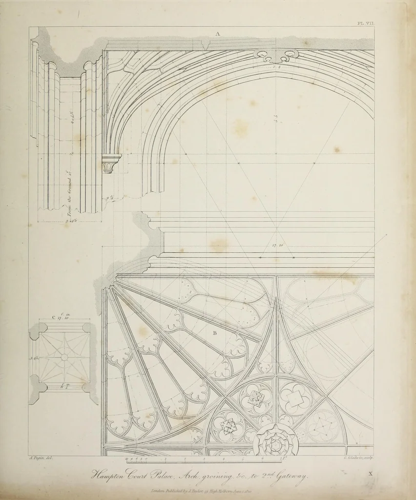 An illustration from Specimens of Gothic architecture : selected from various ancient edifices in England : consisting of plans, elevations, sections, and parts at large, calculated to exemplify the various styles, and the practical construction of this admired class of architecture, 1825, leaf 88