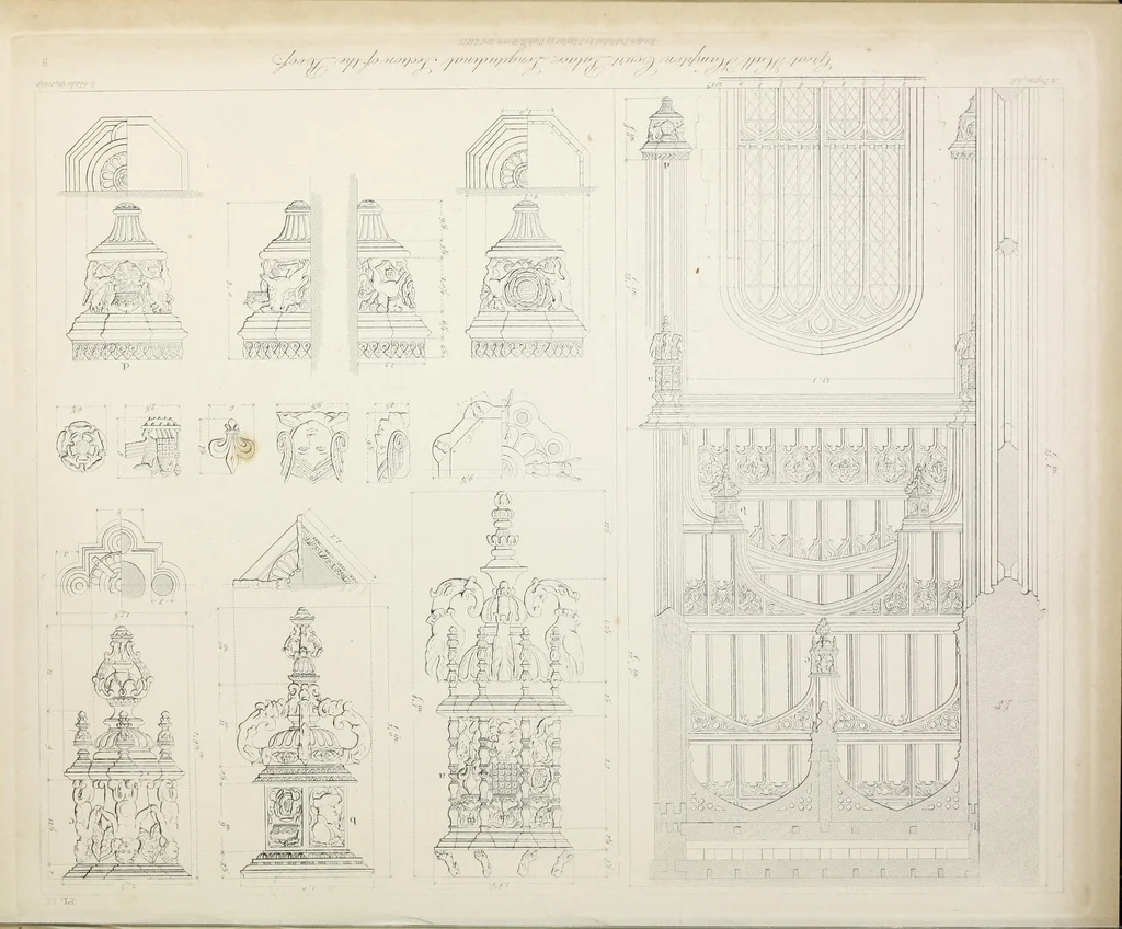 An illustration from Specimens of Gothic architecture : selected from various ancient edifices in England : consisting of plans, elevations, sections, and parts at large, calculated to exemplify the various styles, and the practical construction of this admired class of architecture, 1825, leaf 96