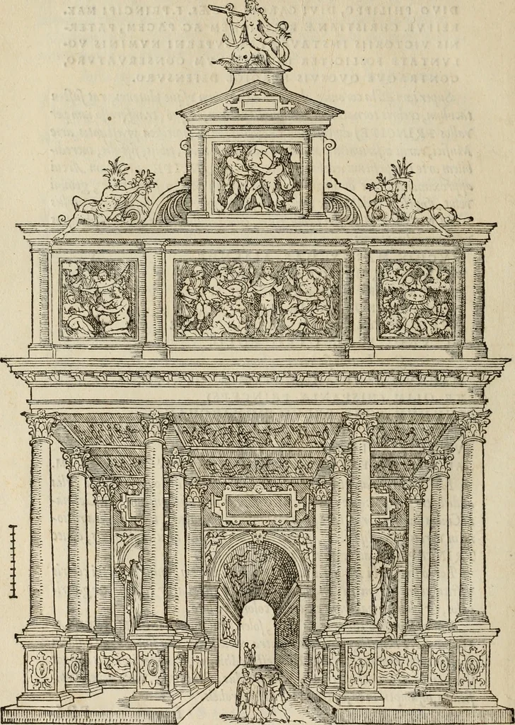 An illustration from Spectaculorvm in svsceptione Philippi hisp. prin. divi Caroli V. cæs. f. an. M.D.XLIX, Antverpiæ æditorvm, mirificvs apparatvs, 1550, leaf 47