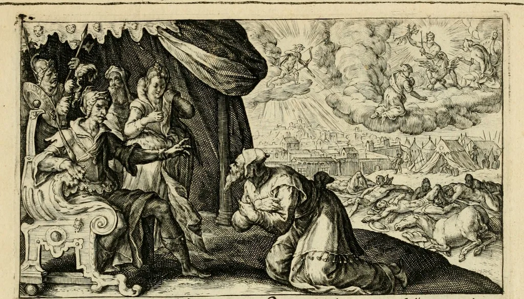 An illustration from Speculum heroicum principis omnium temporum poëtarum Homeri : id est, argumenta xxiiij librorum Iliados in quibus veri principis imago poëticè, elegantissime exprimitur = les XXIIII livres d'Homere reduict en tables demonstratives figurées, 1613, leaf 26