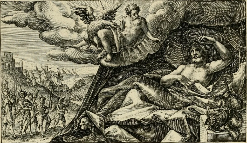 An illustration from Speculum heroicum principis omnium temporum poëtarum Homeri : id est, argumenta xxiiij librorum Iliados in quibus veri principis imago poëticè, elegantissime exprimitur = les XXIIII livres d'Homere reduict en tables demonstratives figurées, 1613, leaf 28