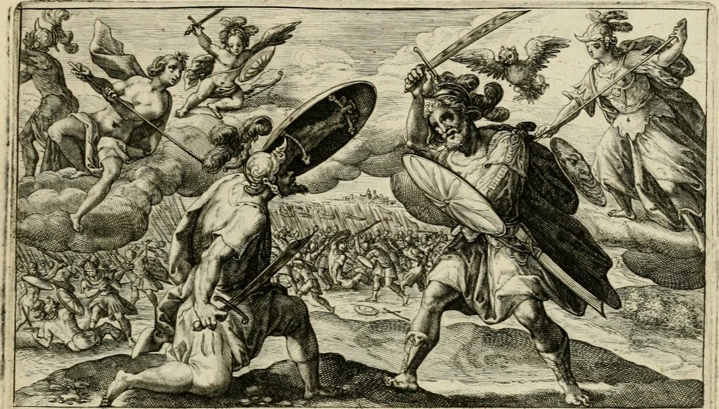 An illustration from Speculum heroicum principis omnium temporum poëtarum Homeri : id est, argumenta xxiiij librorum Iliados in quibus veri principis imago poëticè, elegantissime exprimitur = les XXIIII livres d'Homere reduict en tables demonstratives figurées, 1613, leaf 34
