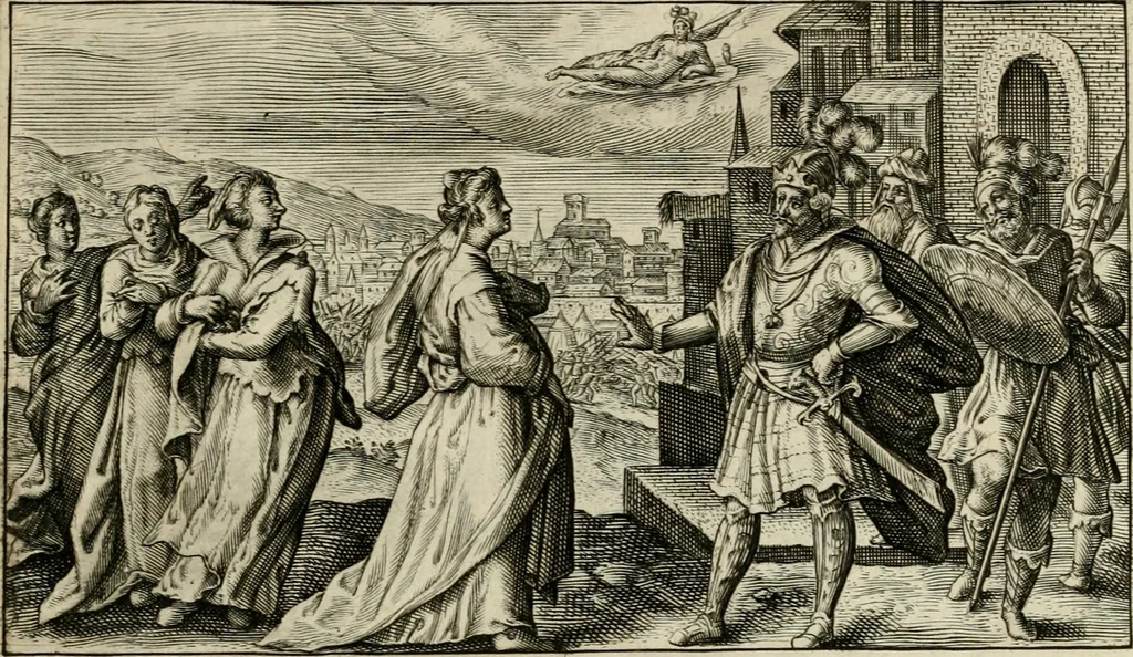 An illustration from Speculum heroicum principis omnium temporum poëtarum Homeri : id est, argumenta xxiiij librorum Iliados in quibus veri principis imago poëticè, elegantissime exprimitur = les XXIIII livres d'Homere reduict en tables demonstratives figurées, 1613, leaf 36