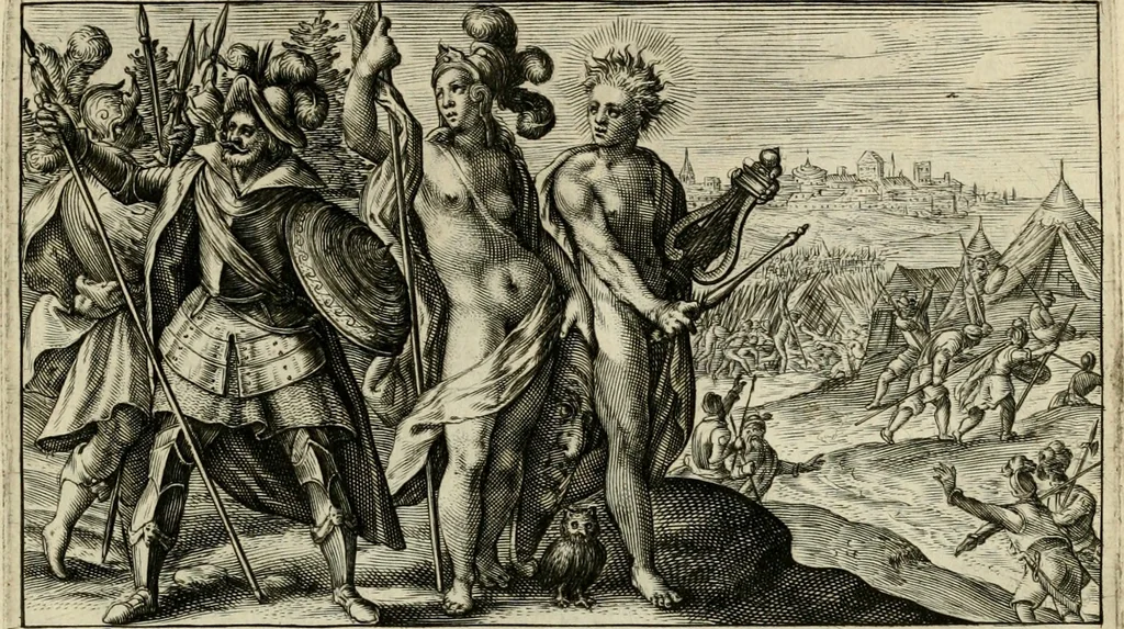 An illustration from Speculum heroicum principis omnium temporum poëtarum Homeri : id est, argumenta xxiiij librorum Iliados in quibus veri principis imago poëticè, elegantissime exprimitur = les XXIIII livres d'Homere reduict en tables demonstratives figurées, 1613, leaf 38