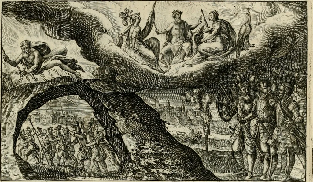 An illustration from Speculum heroicum principis omnium temporum poëtarum Homeri : id est, argumenta xxiiij librorum Iliados in quibus veri principis imago poëticè, elegantissime exprimitur = les XXIIII livres d'Homere reduict en tables demonstratives figurées, 1613, leaf 40