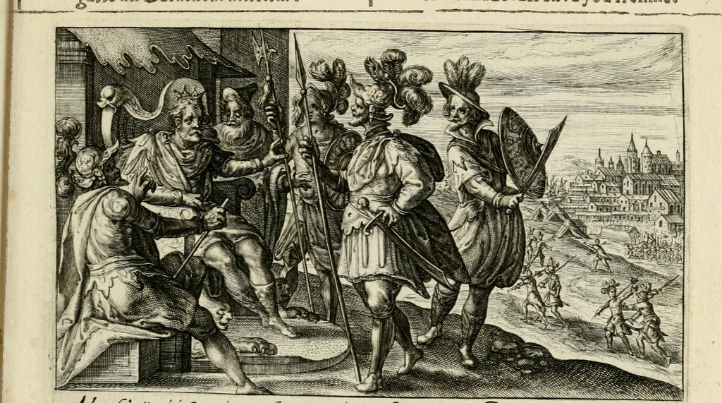 An illustration from Speculum heroicum principis omnium temporum poëtarum Homeri : id est, argumenta xxiiij librorum Iliados in quibus veri principis imago poëticè, elegantissime exprimitur = les XXIIII livres d'Homere reduict en tables demonstratives figurées, 1613, leaf 42