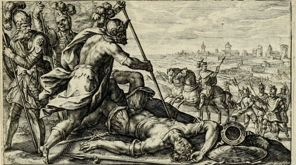 An illustration from Speculum heroicum principis omnium temporum poëtarum Homeri : id est, argumenta xxiiij librorum Iliados in quibus veri principis imago poëticè, elegantissime exprimitur = les XXIIII livres d'Homere reduict en tables demonstratives figurées, 1613, leaf 44