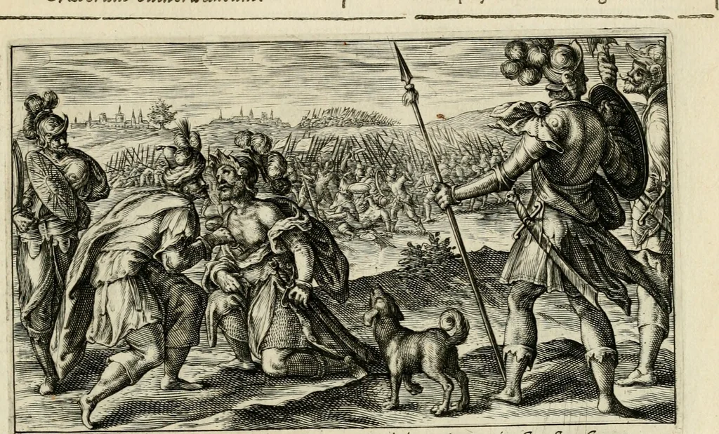 An illustration from Speculum heroicum principis omnium temporum poëtarum Homeri : id est, argumenta xxiiij librorum Iliados in quibus veri principis imago poëticè, elegantissime exprimitur = les XXIIII livres d'Homere reduict en tables demonstratives figurées, 1613, leaf 46