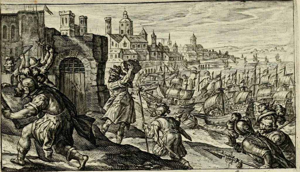 An illustration from Speculum heroicum principis omnium temporum poëtarum Homeri : id est, argumenta xxiiij librorum Iliados in quibus veri principis imago poëticè, elegantissime exprimitur = les XXIIII livres d'Homere reduict en tables demonstratives figurées, 1613, leaf 48