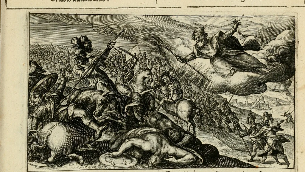 An illustration from Speculum heroicum principis omnium temporum poëtarum Homeri : id est, argumenta xxiiij librorum Iliados in quibus veri principis imago poëticè, elegantissime exprimitur = les XXIIII livres d'Homere reduict en tables demonstratives figurées, 1613, leaf 50