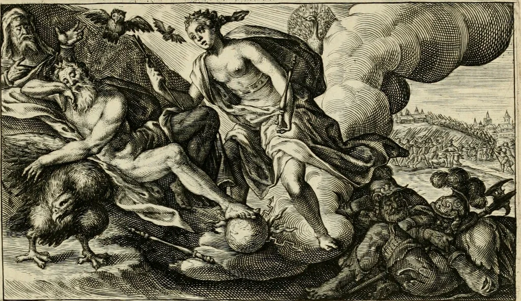 An illustration from Speculum heroicum principis omnium temporum poëtarum Homeri : id est, argumenta xxiiij librorum Iliados in quibus veri principis imago poëticè, elegantissime exprimitur = les XXIIII livres d'Homere reduict en tables demonstratives figurées, 1613, leaf 52