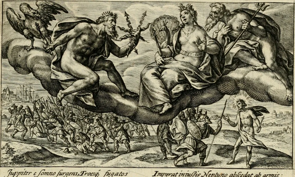 An illustration from Speculum heroicum principis omnium temporum poëtarum Homeri : id est, argumenta xxiiij librorum Iliados in quibus veri principis imago poëticè, elegantissime exprimitur = les XXIIII livres d'Homere reduict en tables demonstratives figurées, 1613, leaf 54