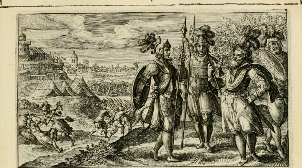 An illustration from Speculum heroicum principis omnium temporum poëtarum Homeri : id est, argumenta xxiiij librorum Iliados in quibus veri principis imago poëticè, elegantissime exprimitur = les XXIIII livres d'Homere reduict en tables demonstratives figurées, 1613, leaf 56