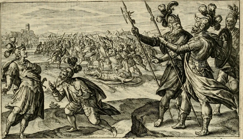 An illustration from Speculum heroicum principis omnium temporum poëtarum Homeri : id est, argumenta xxiiij librorum Iliados in quibus veri principis imago poëticè, elegantissime exprimitur = les XXIIII livres d'Homere reduict en tables demonstratives figurées, 1613, leaf 58
