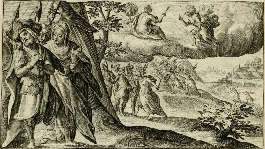An illustration from Speculum heroicum principis omnium temporum poëtarum Homeri : id est, argumenta xxiiij librorum Iliados in quibus veri principis imago poëticè, elegantissime exprimitur = les XXIIII livres d'Homere reduict en tables demonstratives figurées, 1613, leaf 60