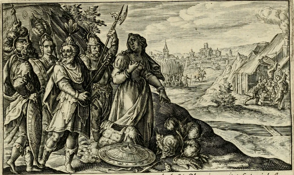 An illustration from Speculum heroicum principis omnium temporum poëtarum Homeri : id est, argumenta xxiiij librorum Iliados in quibus veri principis imago poëticè, elegantissime exprimitur = les XXIIII livres d'Homere reduict en tables demonstratives figurées, 1613, leaf 62