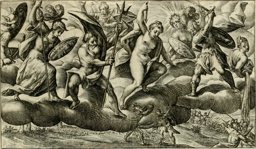 An illustration from Speculum heroicum principis omnium temporum poëtarum Homeri : id est, argumenta xxiiij librorum Iliados in quibus veri principis imago poëticè, elegantissime exprimitur = les XXIIII livres d'Homere reduict en tables demonstratives figurées, 1613, leaf 64