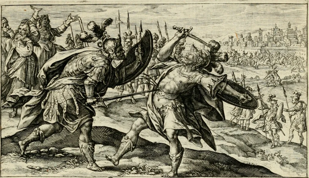 An illustration from Speculum heroicum principis omnium temporum poëtarum Homeri : id est, argumenta xxiiij librorum Iliados in quibus veri principis imago poëticè, elegantissime exprimitur = les XXIIII livres d'Homere reduict en tables demonstratives figurées, 1613, leaf 68