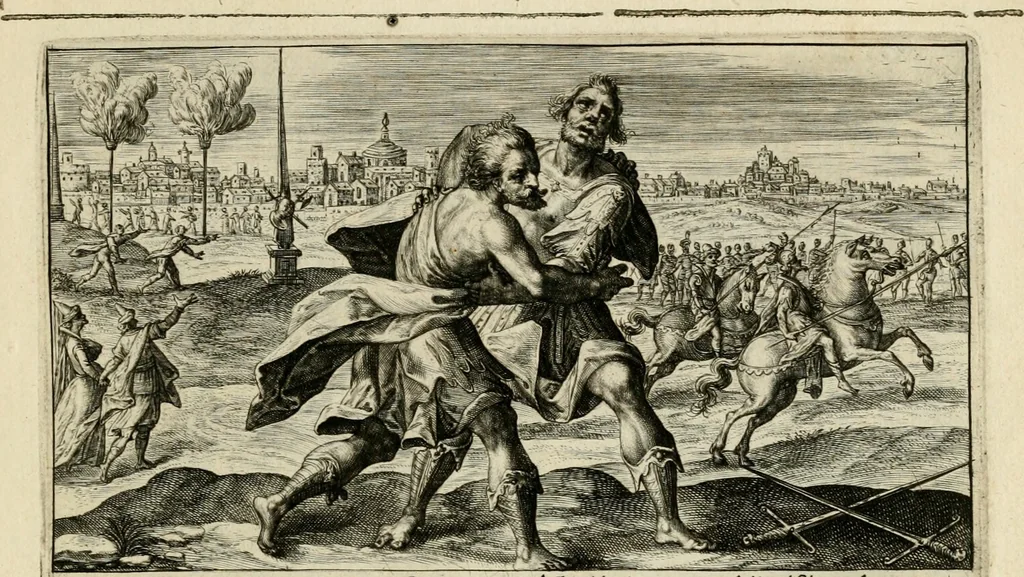 An illustration from Speculum heroicum principis omnium temporum poëtarum Homeri : id est, argumenta xxiiij librorum Iliados in quibus veri principis imago poëticè, elegantissime exprimitur = les XXIIII livres d'Homere reduict en tables demonstratives figurées, 1613, leaf 70