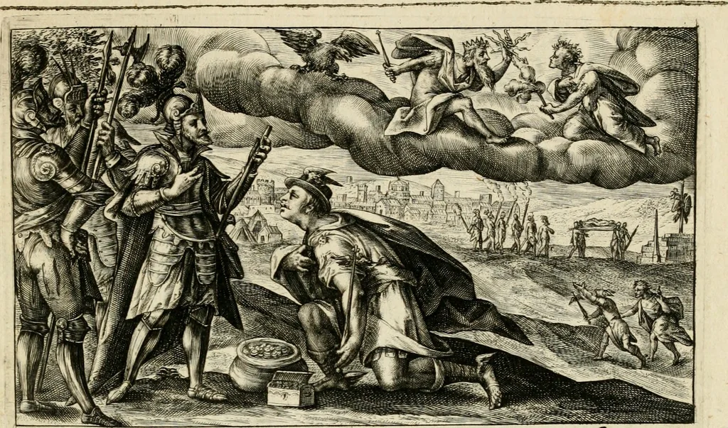 An illustration from Speculum heroicum principis omnium temporum poëtarum Homeri : id est, argumenta xxiiij librorum Iliados in quibus veri principis imago poëticè, elegantissime exprimitur = les XXIIII livres d'Homere reduict en tables demonstratives figurées, 1613, leaf 72