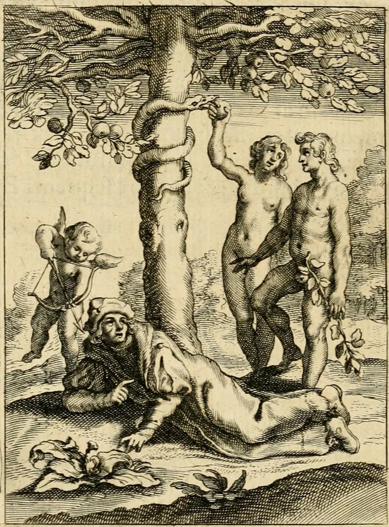 An illustration from Speculum peccatorum aspirantium ad solidam vitae emendationem, siue, Admiranda S. Augustini conversio : historica eiusdem narratione, discursibus moralibus, et emblematis adornata : cum indice concionum per quatuor octauas eiusdem diui et dominicos dies, 1637, leaf 41