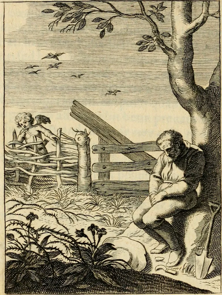 An illustration from Speculum peccatorum aspirantium ad solidam vitae emendationem, siue, Admiranda S. Augustini conversio : historica eiusdem narratione, discursibus moralibus, et emblematis adornata : cum indice concionum per quatuor octauas eiusdem diui et dominicos dies, 1637, leaf 69
