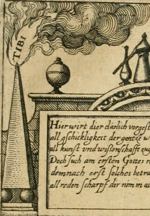 An illustration from Specvlvm sophicvm rhodo-stavroticvm, das ist, Weitläuffige Entdeckung dess Collegij vnnd Axiomatum von der sondern erleuchten Fraternitet Christ-RosenCreutz : allen der wahrn Weissheit Begirigen Expectanten zu fernerer Nachrichtung, den vnverständigen Zoilis aber zur vnausslöschlicher Schande vnd Spott, 1618, leaf 12