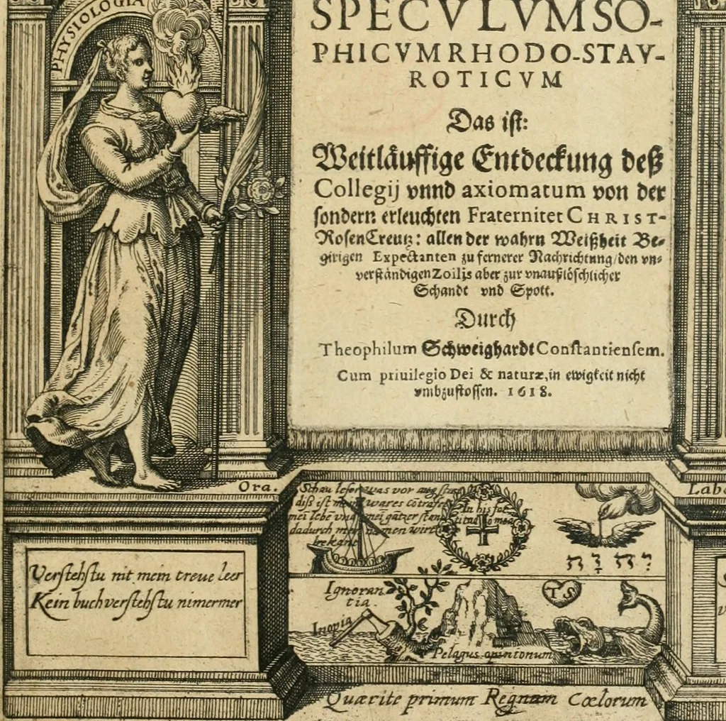 An illustration from Specvlvm sophicvm rhodo-stavroticvm, das ist, Weitläuffige Entdeckung dess Collegij vnnd Axiomatum von der sondern erleuchten Fraternitet Christ-RosenCreutz : allen der wahrn Weissheit Begirigen Expectanten zu fernerer Nachrichtung, den vnverständigen Zoilis aber zur vnausslöschlicher Schande vnd Spott, 1618, leaf 12
