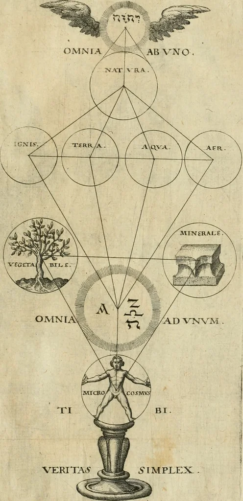 An illustration from Specvlvm sophicvm rhodo-stavroticvm, das ist, Weitläuffige Entdeckung dess Collegij vnnd Axiomatum von der sondern erleuchten Fraternitet Christ-RosenCreutz : allen der wahrn Weissheit Begirigen Expectanten zu fernerer Nachrichtung, den vnverständigen Zoilis aber zur vnausslöschlicher Schande vnd Spott, 1618, leaf 36