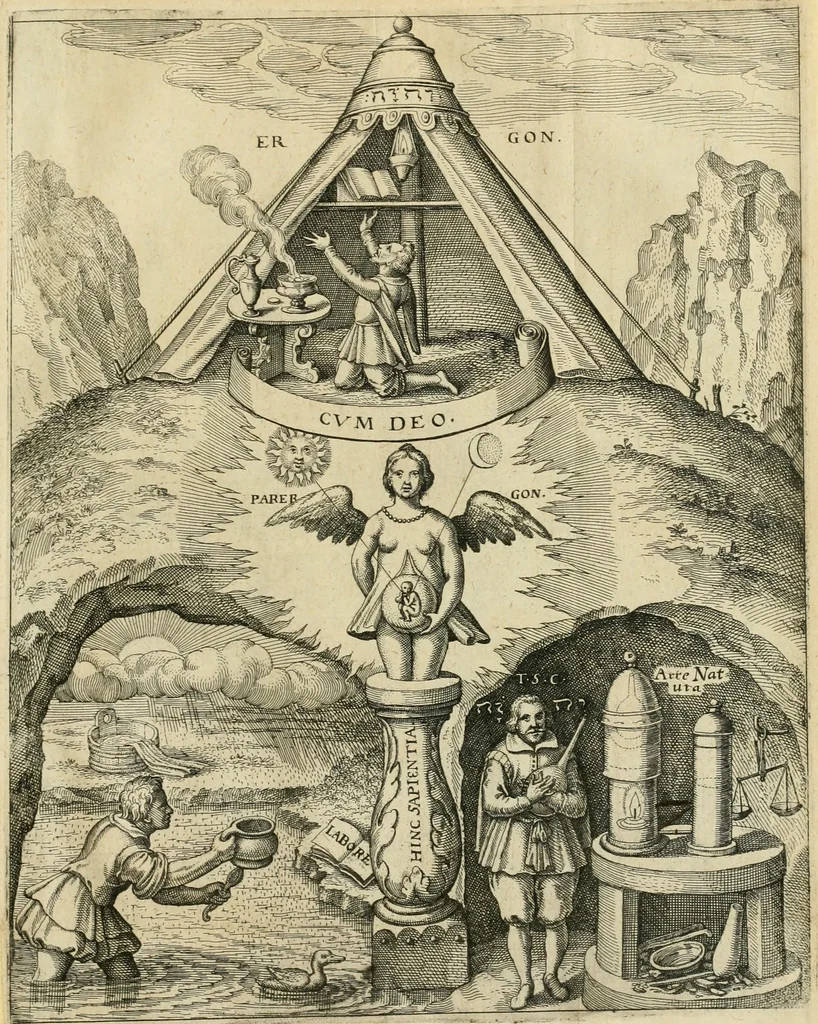 An illustration from Specvlvm sophicvm rhodo-stavroticvm, das ist, Weitläuffige Entdeckung dess Collegij vnnd Axiomatum von der sondern erleuchten Fraternitet Christ-RosenCreutz : allen der wahrn Weissheit Begirigen Expectanten zu fernerer Nachrichtung, den vnverständigen Zoilis aber zur vnausslöschlicher Schande vnd Spott, 1618, leaf 38