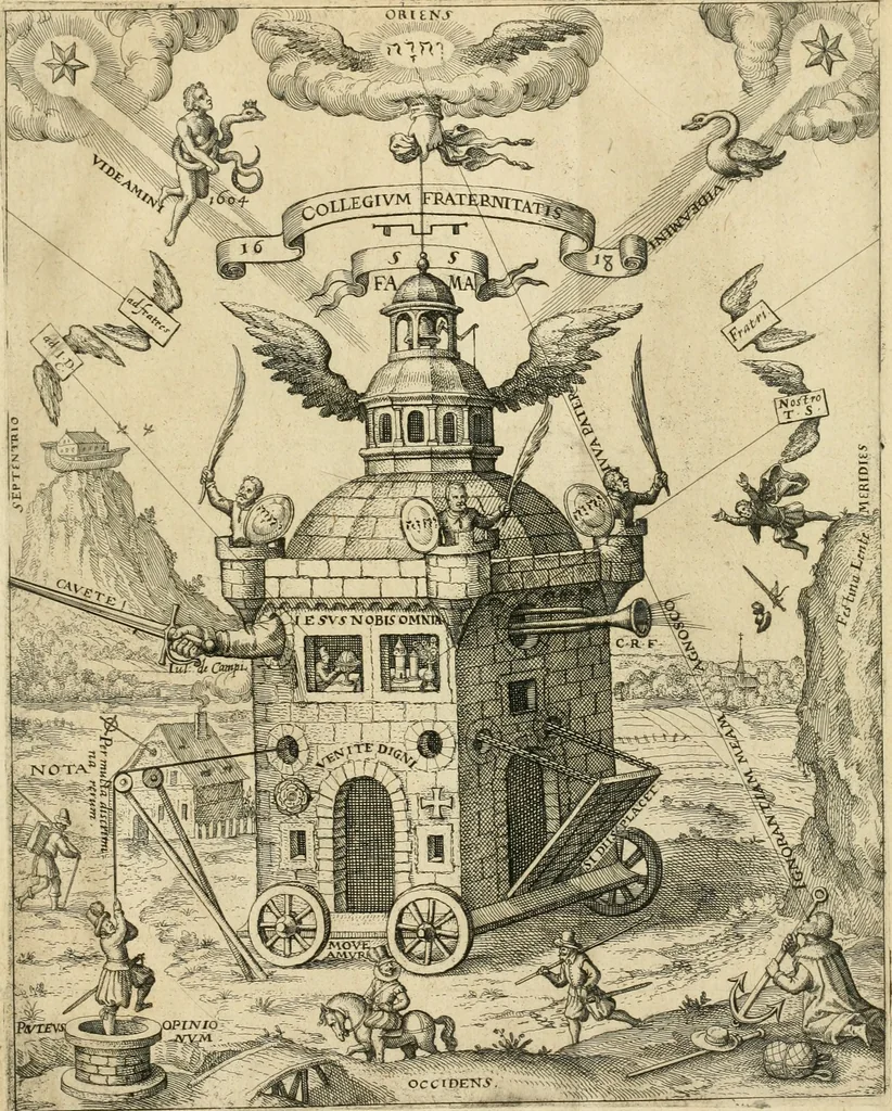 An illustration from Specvlvm sophicvm rhodo-stavroticvm, das ist, Weitläuffige Entdeckung dess Collegij vnnd Axiomatum von der sondern erleuchten Fraternitet Christ-RosenCreutz : allen der wahrn Weissheit Begirigen Expectanten zu fernerer Nachrichtung, den vnverständigen Zoilis aber zur vnausslöschlicher Schande vnd Spott, 1618, leaf 40