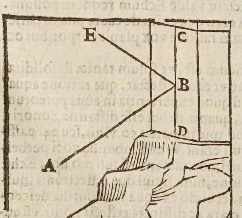 An illustration from Sphaera mundi, seu, Cosmographia demonstratiua, ac facili methodo tradita : in qua totius mundi fabrica, vna cum nouis, Tychonis, Kepleri, Galilaei, aliorumq́; astronomorum adinuentis continentur : accessere I. Breuis introductio ad geographiam. II. Apparatus ad mathematicarum studium. III. Echometria, idest geometrica tractatio de echo. IV. Nouum instrumentum ad horologia describenda : opus posthumum : correcta à multis mendis, quibus scatebat, 1653, leaf 240