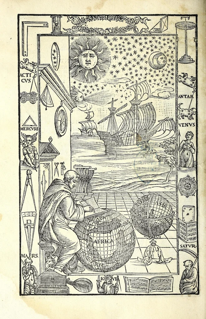 An illustration from Sphera volgare novamente tradotta, con molte notande additioni di geometria, cosmographia, arte navicatoria, et stereometria, proportioni, et qvantita delli elementi, distanze, grandeze, et movimenti di tvtti li corpi celesti, cose certamente rade et maravigliose, 1537, leaf 8