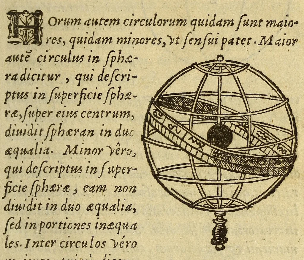 An illustration from Sphæra Ioannis de Sacrobosco, emendata. : Eliæ Vineti Santonis scholia in eandem sphæram, ab ipso auctore restituta. : Adiunximus huic libro compendium in sphæram, per Pierium Valerianum Bellunensem. : Et Petri Nonii Salaciensis demonstrationem eorum, quæ in extremo capite de climatibus Sacroboscius scribit de inæquali climatum latitudine, eodem Vineto interprete, 1584, leaf 33