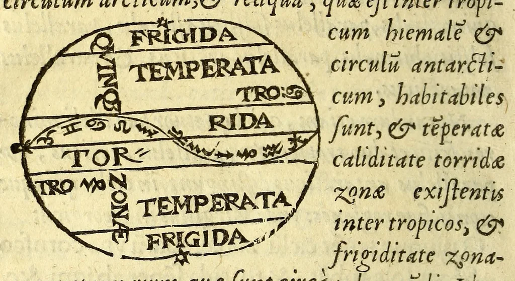 An illustration from Sphæra Ioannis de Sacrobosco, emendata. : Eliæ Vineti Santonis scholia in eandem sphæram, ab ipso auctore restituta. : Adiunximus huic libro compendium in sphæram, per Pierium Valerianum Bellunensem. : Et Petri Nonii Salaciensis demonstrationem eorum, quæ in extremo capite de climatibus Sacroboscius scribit de inæquali climatum latitudine, eodem Vineto interprete, 1584, leaf 46