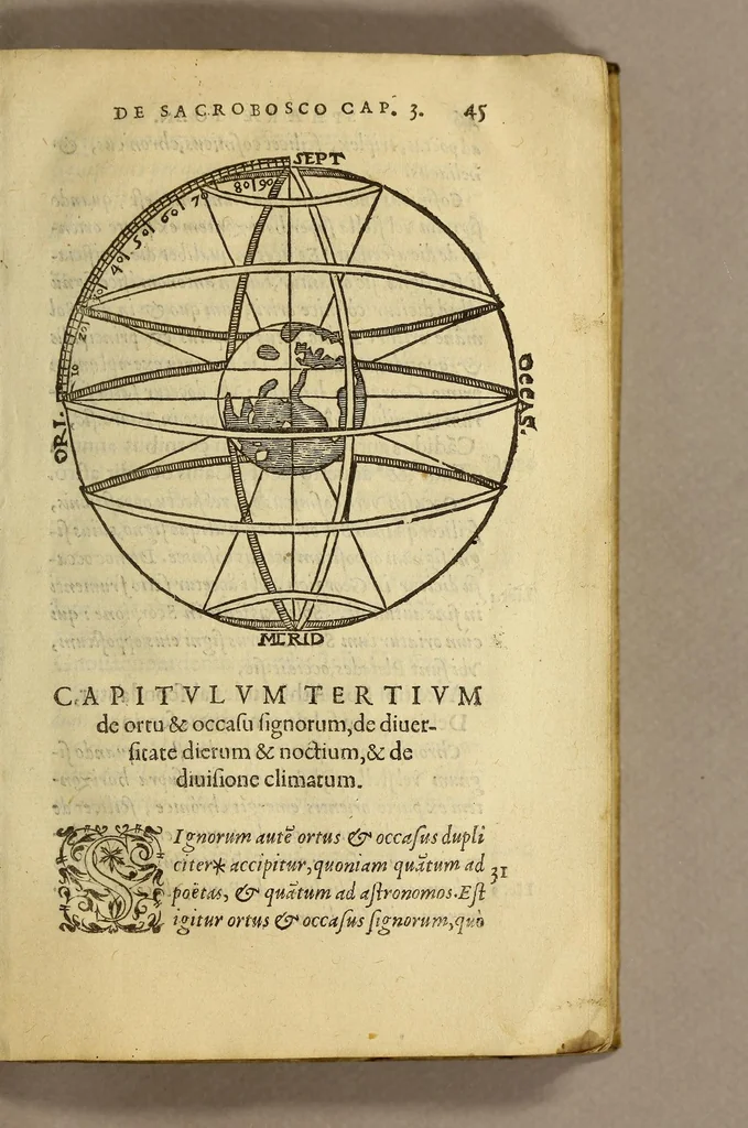 An illustration from Sphæra Ioannis de Sacrobosco, emendata. : Eliæ Vineti Santonis scholia in eandem sphæram, ab ipso auctore restituta. : Adiunximus huic libro compendium in sphæram, per Pierium Valerianum Bellunensem. : Et Petri Nonii Salaciensis demonstrationem eorum, quæ in extremo capite de climatibus Sacroboscius scribit de inæquali climatum latitudine, eodem Vineto interprete, 1584, leaf 47