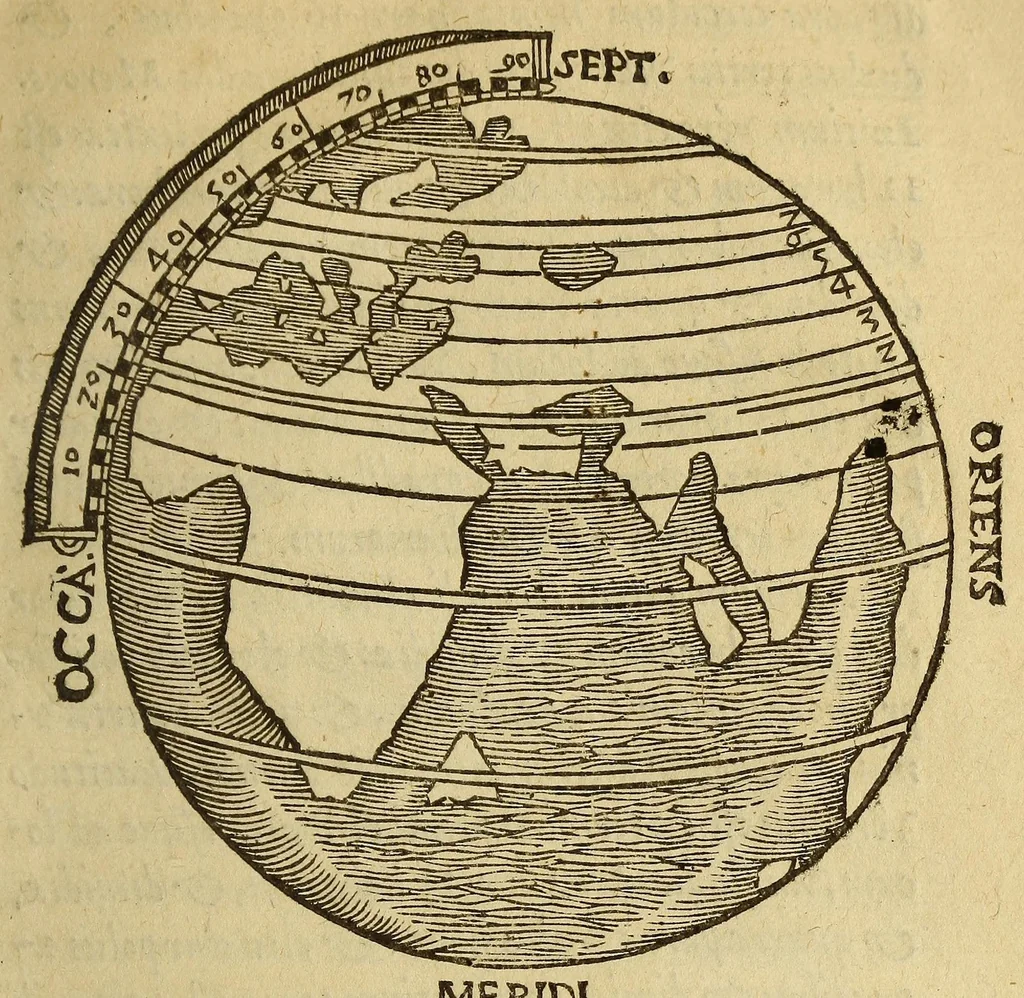 An illustration from Sphæra Ioannis de Sacrobosco, emendata. : Eliæ Vineti Santonis scholia in eandem sphæram, ab ipso auctore restituta. : Adiunximus huic libro compendium in sphæram, per Pierium Valerianum Bellunensem. : Et Petri Nonii Salaciensis demonstrationem eorum, quæ in extremo capite de climatibus Sacroboscius scribit de inæquali climatum latitudine, eodem Vineto interprete, 1584, leaf 69