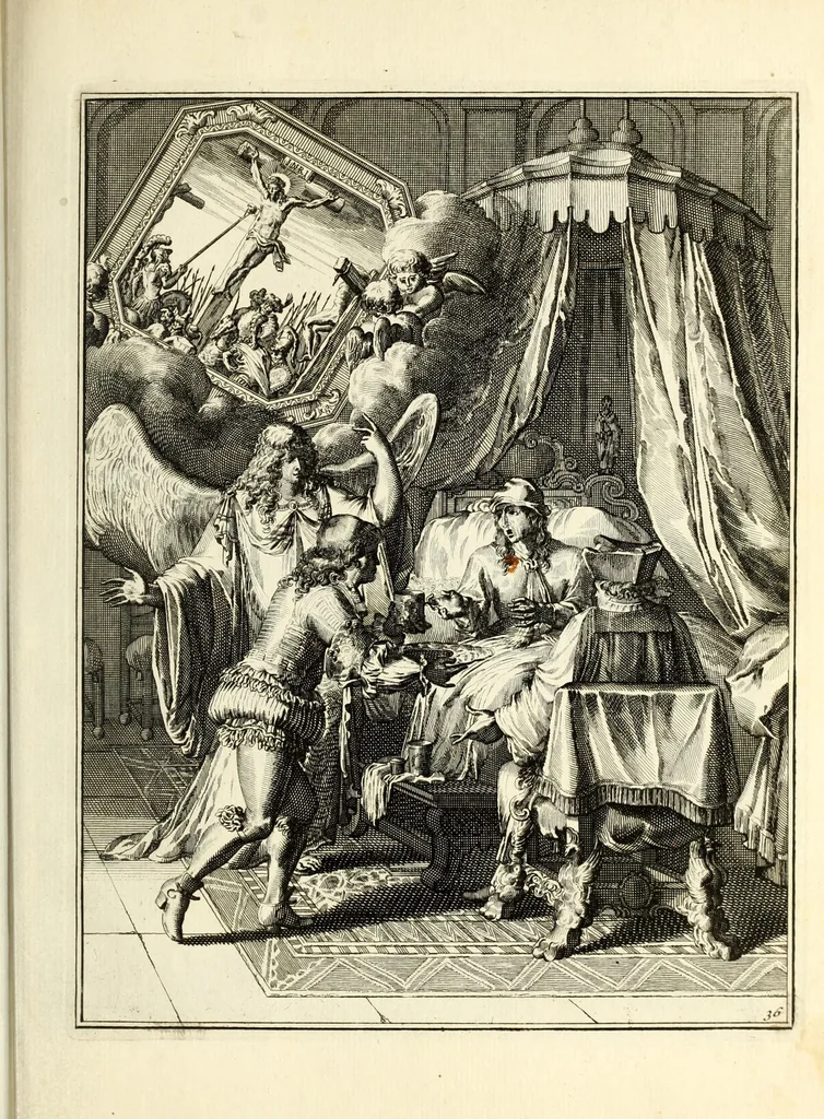 An illustration from Spiegel om wel te sterven : aanwyzende met beeltenissen van het Lyden onses zaligmaakers Jesu Christi : alles wat een zieke moet doen om gelukkig te sterven ... : door den vader David De La Vigne, Recolet, 1694, leaf 101