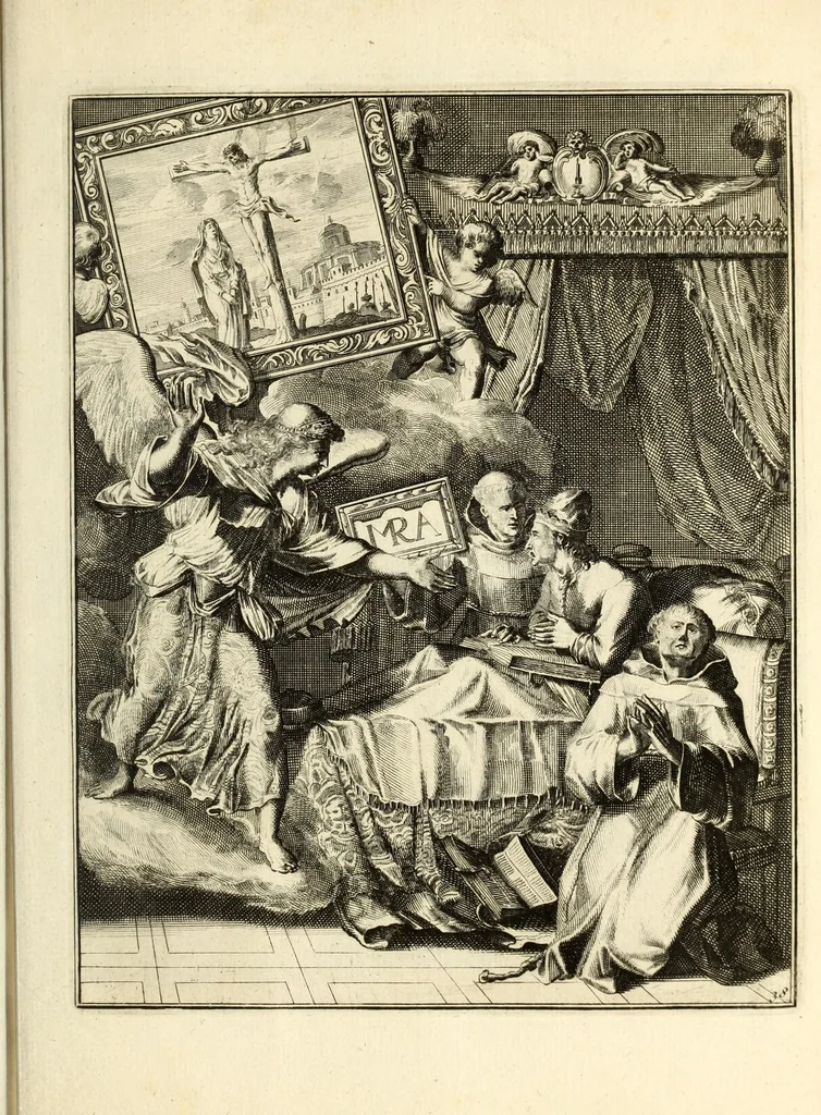 An illustration from Spiegel om wel te sterven : aanwyzende met beeltenissen van het Lyden onses zaligmaakers Jesu Christi : alles wat een zieke moet doen om gelukkig te sterven ... : door den vader David De La Vigne, Recolet, 1694, leaf 105