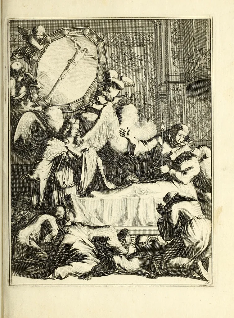 An illustration from Spiegel om wel te sterven : aanwyzende met beeltenissen van het Lyden onses zaligmaakers Jesu Christi : alles wat een zieke moet doen om gelukkig te sterven ... : door den vader David De La Vigne, Recolet, 1694, leaf 107