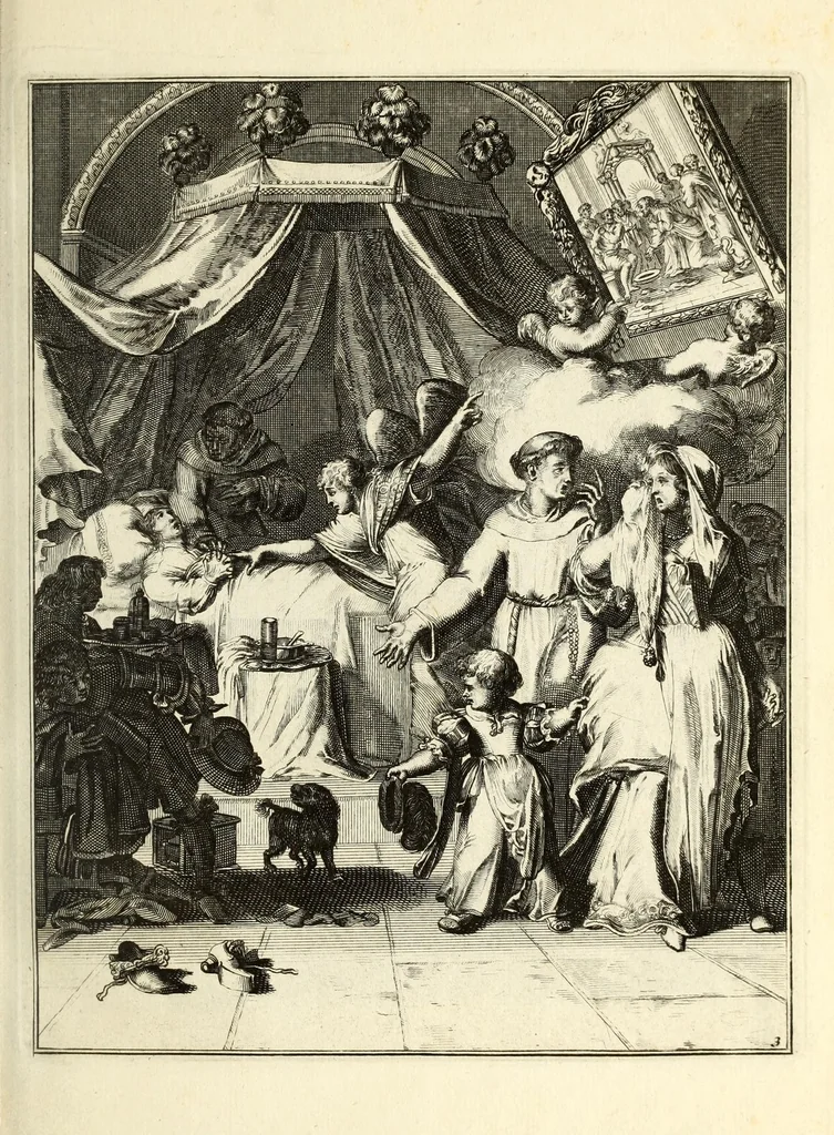 An illustration from Spiegel om wel te sterven : aanwyzende met beeltenissen van het Lyden onses zaligmaakers Jesu Christi : alles wat een zieke moet doen om gelukkig te sterven ... : door den vader David De La Vigne, Recolet, 1694, leaf 31