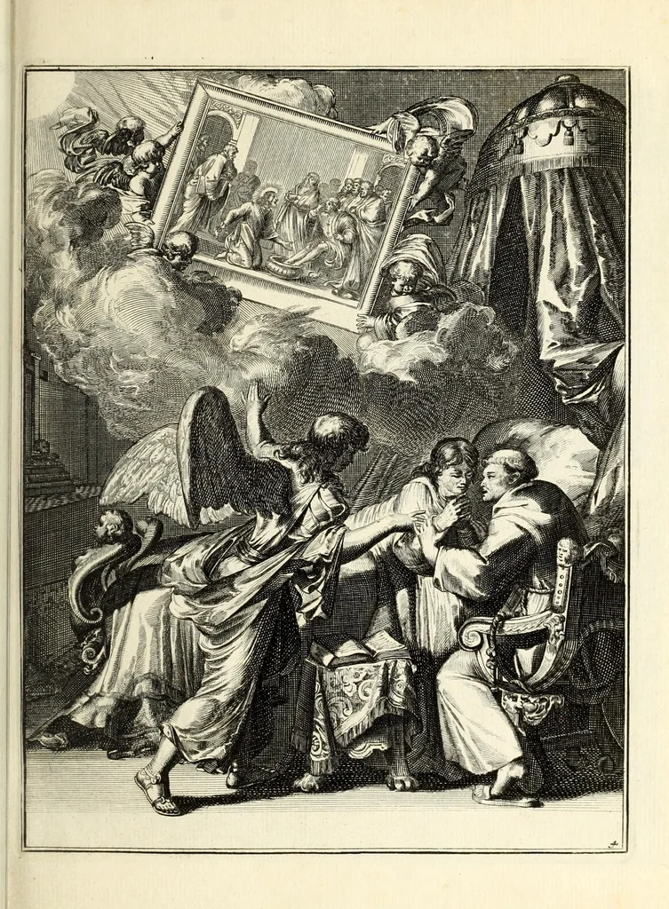An illustration from Spiegel om wel te sterven : aanwyzende met beeltenissen van het Lyden onses zaligmaakers Jesu Christi : alles wat een zieke moet doen om gelukkig te sterven ... : door den vader David De La Vigne, Recolet, 1694, leaf 33