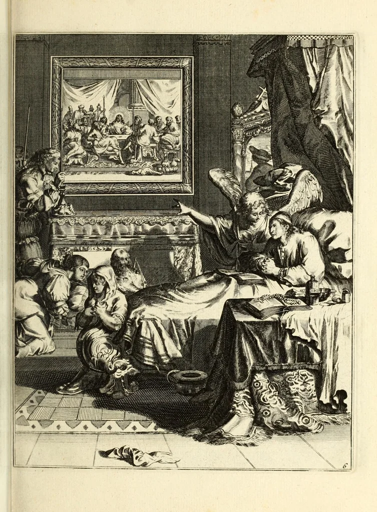 An illustration from Spiegel om wel te sterven : aanwyzende met beeltenissen van het Lyden onses zaligmaakers Jesu Christi : alles wat een zieke moet doen om gelukkig te sterven ... : door den vader David De La Vigne, Recolet, 1694, leaf 35